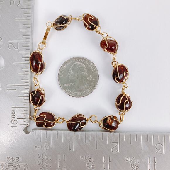 VTG Agate Quartz Gemstone Bracelet 1960s 1970s Artisan Gold Tone Wire Wrapped - Picture 10 of 13
